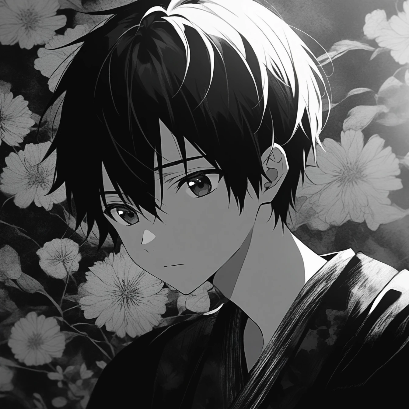 Beautiful anime portrait,Black and gray monochrome,Oriental Wallpaper,Pink,Feeling,very anime style,1boy,Kirigaya Kazuto,Kirito ,Flowers,Close-up,Soft Light,Rich in details,The expression is firm,Kimono decoration,Background blur,Vivid colors,情Feeling深沉,front,Black eyes