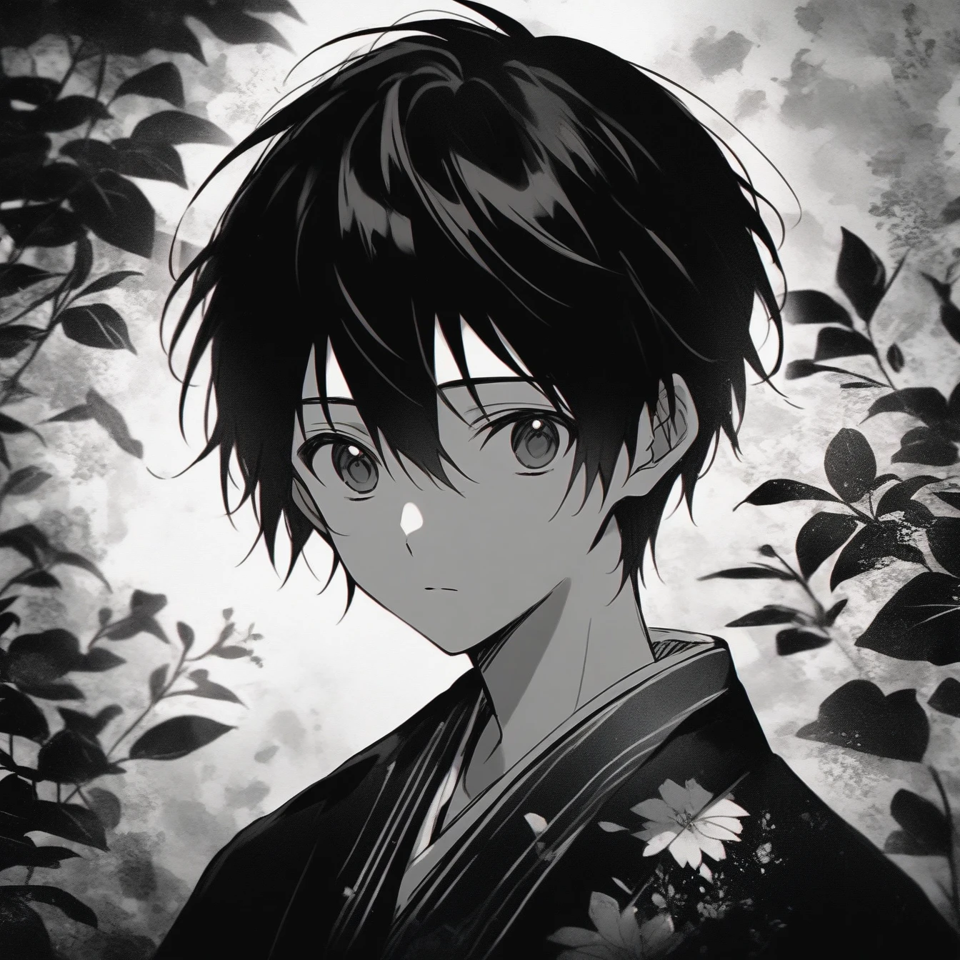 Beautiful anime portrait,Black and gray monochrome，Oriental Wallpaper，Pink，Feeling，very anime style，1boy,Kirigaya Kazuto,Kirito ,Flowers，Close-up，Soft Light，Rich in details，The expression is firm，Kimono decoration，Background blur，Vivid colors，情Feeling深沉，front，Black eyes