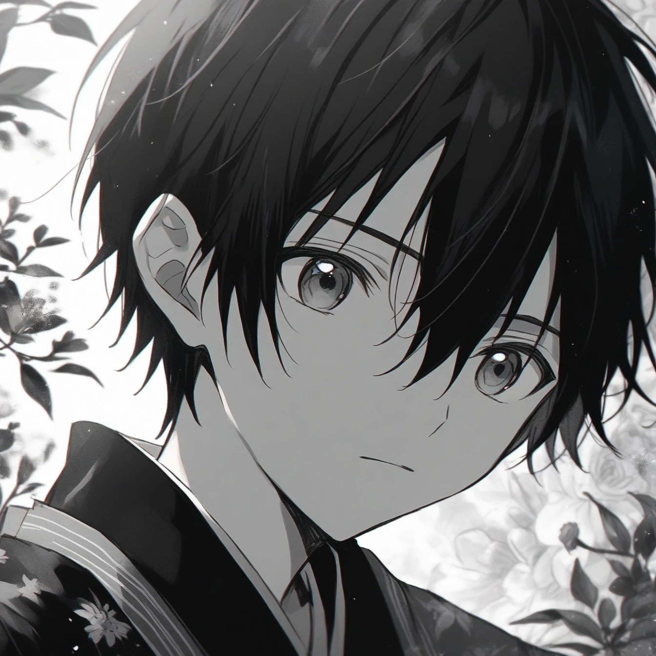Beautiful anime portrait,Black and gray monochrome，Oriental Wallpaper，Pink，Feeling，very anime style，1boy,Kirigaya Kazuto,Kirito ,Flowers，Close-up，Soft Light，Rich in details，The expression is firm，Kimono decoration，Background blur，Vivid colors，情Feeling深沉，front，Black eyes