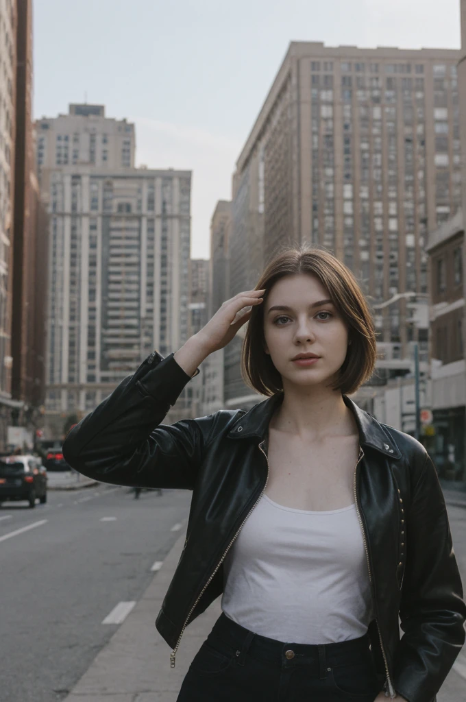 her name is Elektra, high quality, 1girl, ((20-year-old fit Caucasian woman)), ((20 years old)), ((fit)), ((pale skin)), short bob brunette hair, wearing edgy clothes, background: cityscapes