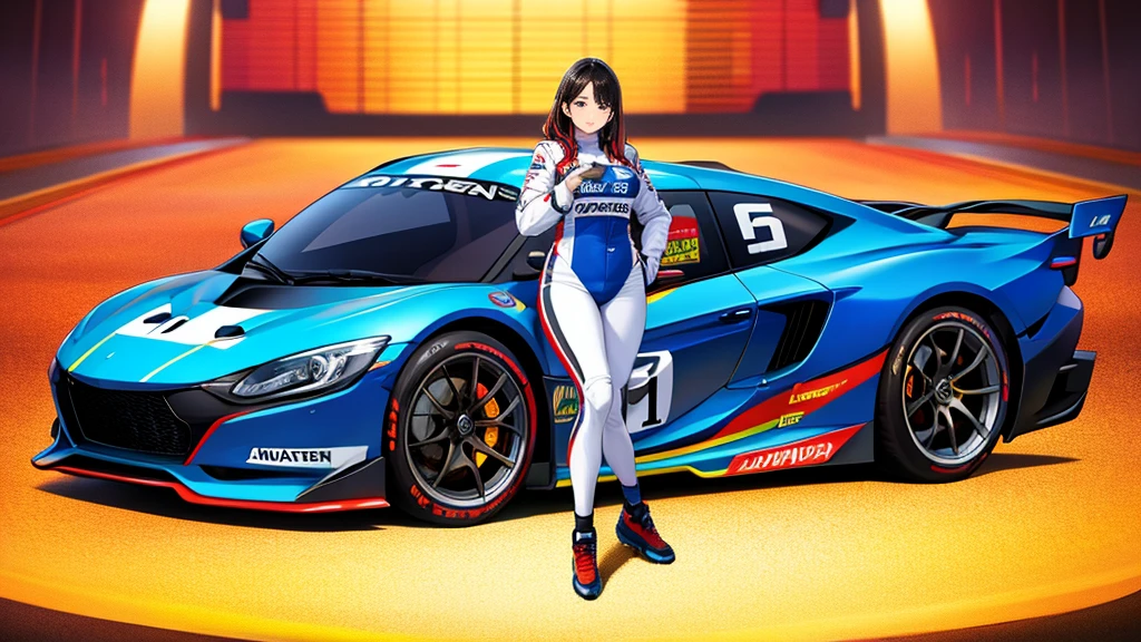 Woman wearing a racing suit、The background is the circuit field、Full body type、Racing Car、anime、