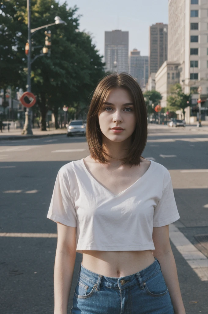 her name is Elektra, high quality, 1girl, ((20-year-old fit Caucasian woman)), ((20 years old)), ((fit)), ((pale skin)), short bob brunette hair, wearing edgy clothes, background: cityscapes