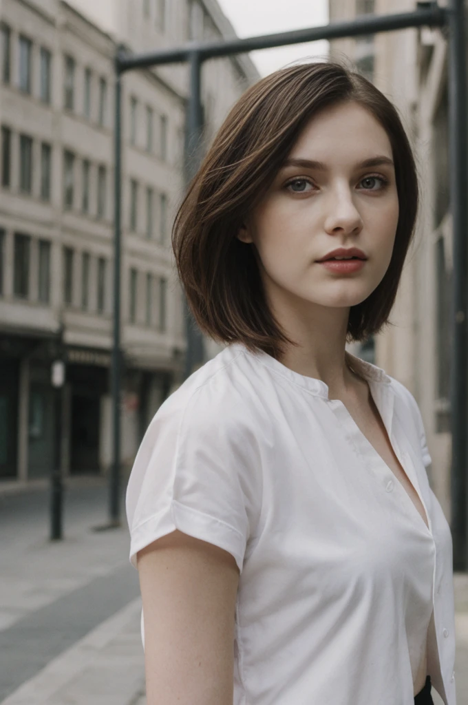 her name is Elektra, high quality, 1girl, ((20-year-old fit Caucasian woman)), ((20 years old)), ((fit)), ((pale skin)), short bob brunette hair, wearing edgy clothes, background: cityscapes
