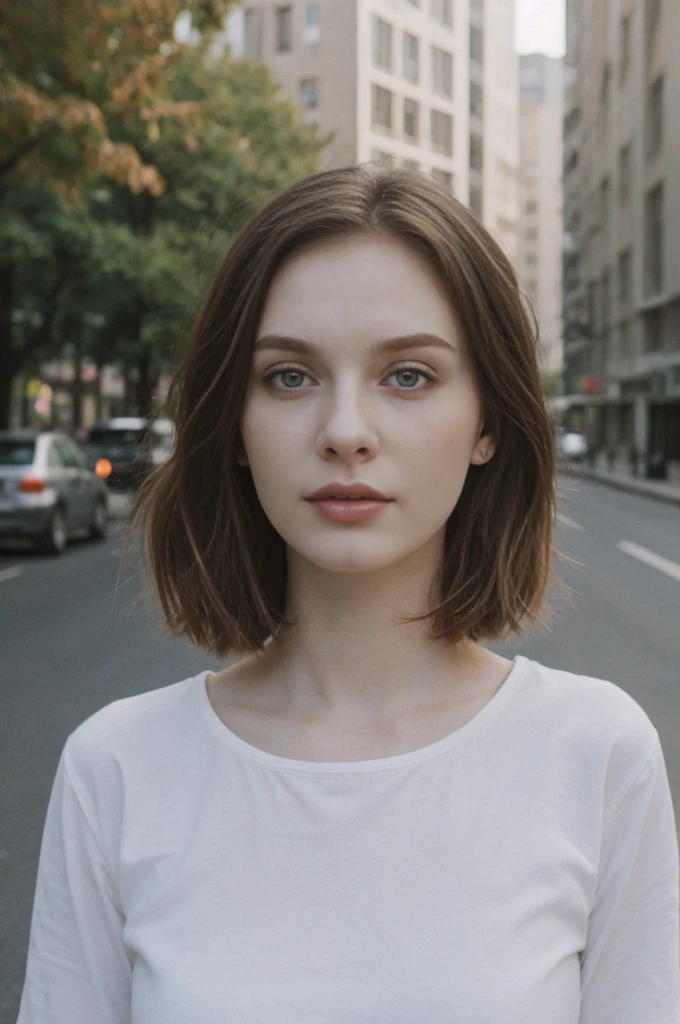 her name is Elektra, high quality, 1girl, ((20-year-old fit Caucasian woman)), ((20 years old)), ((fit)), ((pale skin)), short bob brunette hair, wearing edgy clothes, background: cityscapes