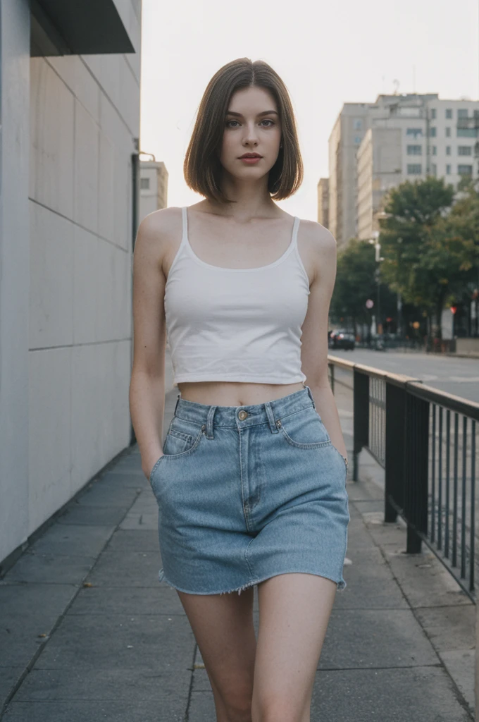 her name is Elektra, high quality, 1girl, ((20-year-old fit Caucasian woman)), ((20 years old)), ((fit)), ((pale skin)), short bob brunette hair, wearing edgy clothes, background: cityscapes