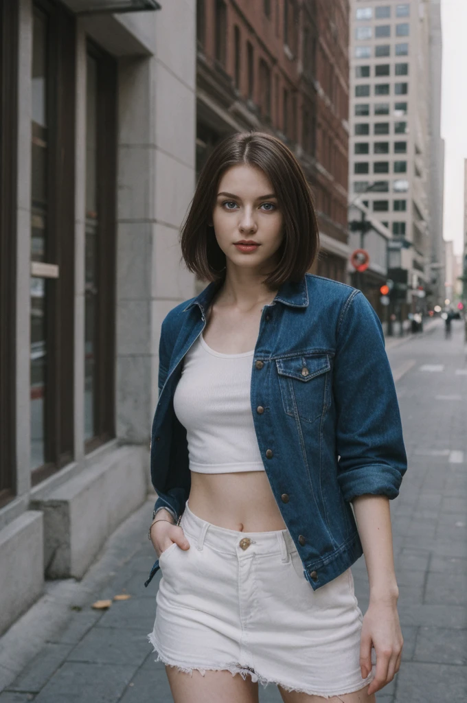 her name is Elektra, high quality, 1girl, ((20-year-old fit Caucasian woman)), ((20 years old)), ((fit)), ((pale skin)), short bob brunette hair, wearing edgy clothes, background: cityscapes