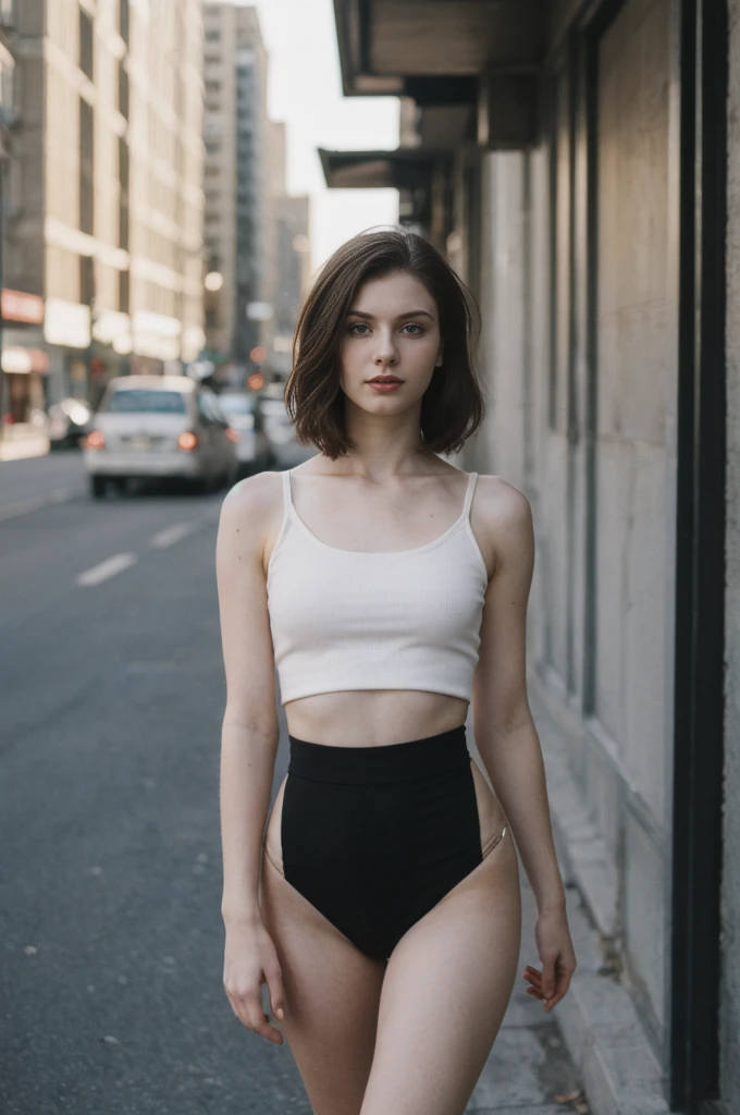 her name is Elektra, high quality, 1girl, ((20-year-old fit Caucasian woman)), ((20 years old)), ((fit)), ((pale skin)), short bob brunette hair, wearing edgy clothes, background: cityscapes