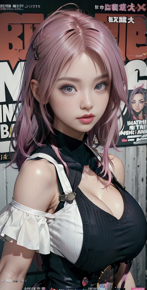 Best quality, Works of masters, A high resolution, 1girl, Super beautiful face, super beautiful eye, Super beautiful pink mohawk hair,(MagazineCover:1.2),Trendy Harajuku-inspired rock outfits,Expose shoulders, accentuated super huge enormously gigantic , cleavage showing