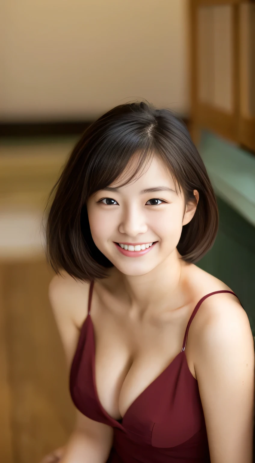 masterpiece,best quality,(Japanese ),((Beautiful girl)),cleavage,indoor,(perfect body beauty:1.2),(shy smile),beautiful teeth,(From slightly above),