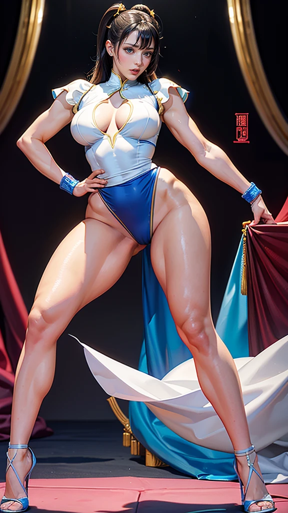 Chun-Li, wide hips, attractive, long legs, beautiful eyes, Beautiful whole body, small breasts, 섹시한 Chun-Li 의상, tempting, Abs, very voluptuous body type, very thick jangdanji, thick thighs, black hair, red eyes