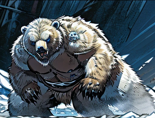 A frontal image of the moment of a polar bear attack on Expectador . The polar bear attacks the spectator with his binges, the bear is furious . Animal rage rage . He wears a very torn and torn leather blanket as primitive clothing.. He attacks , dynamic angle.