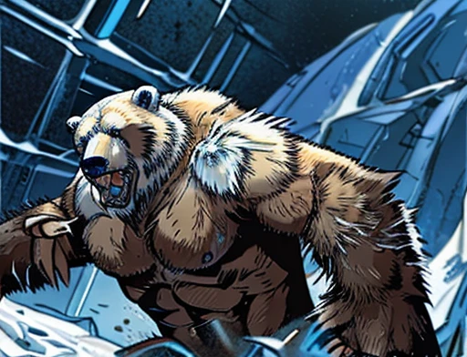 A frontal image of the moment of a polar bear attack on Expectador . The polar bear attacks the spectator with his binges, the bear is furious . Animal rage rage . He wears a very torn and torn leather blanket as primitive clothing.. He attacks , dynamic angle.