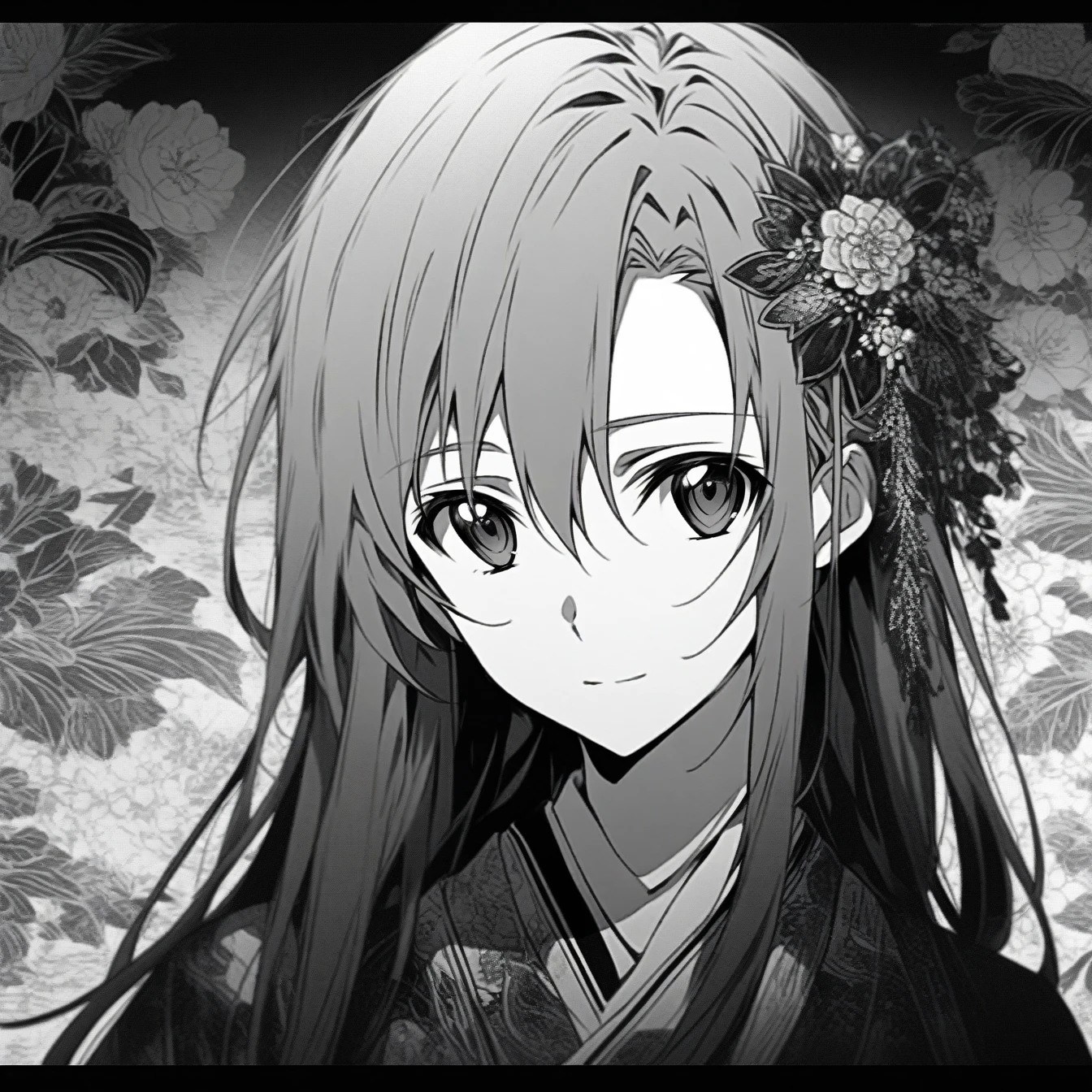 Beautiful anime portrait,Black and gray monochrome,Oriental Wallpaper,Pink,Feeling,very anime style,1girl, Asuna, Sword Art Online,Flowers,Close-up,Soft Light,Rich in details,The expression is firm,Kimono decoration,Background blur,Vivid colors,情Feeling深沉,front,Black eyes