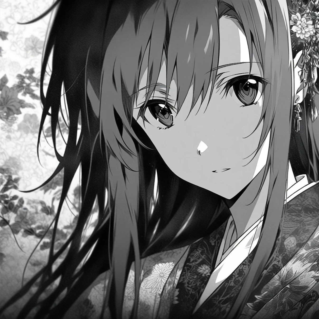 Beautiful anime portrait,Black and gray monochrome,Oriental Wallpaper,Pink,Feeling,very anime style,1girl, Asuna, Sword Art Online,Flowers,Close-up,Soft Light,Rich in details,The expression is firm,Kimono decoration,Background blur,Vivid colors,情Feeling深沉,front,Black eyes