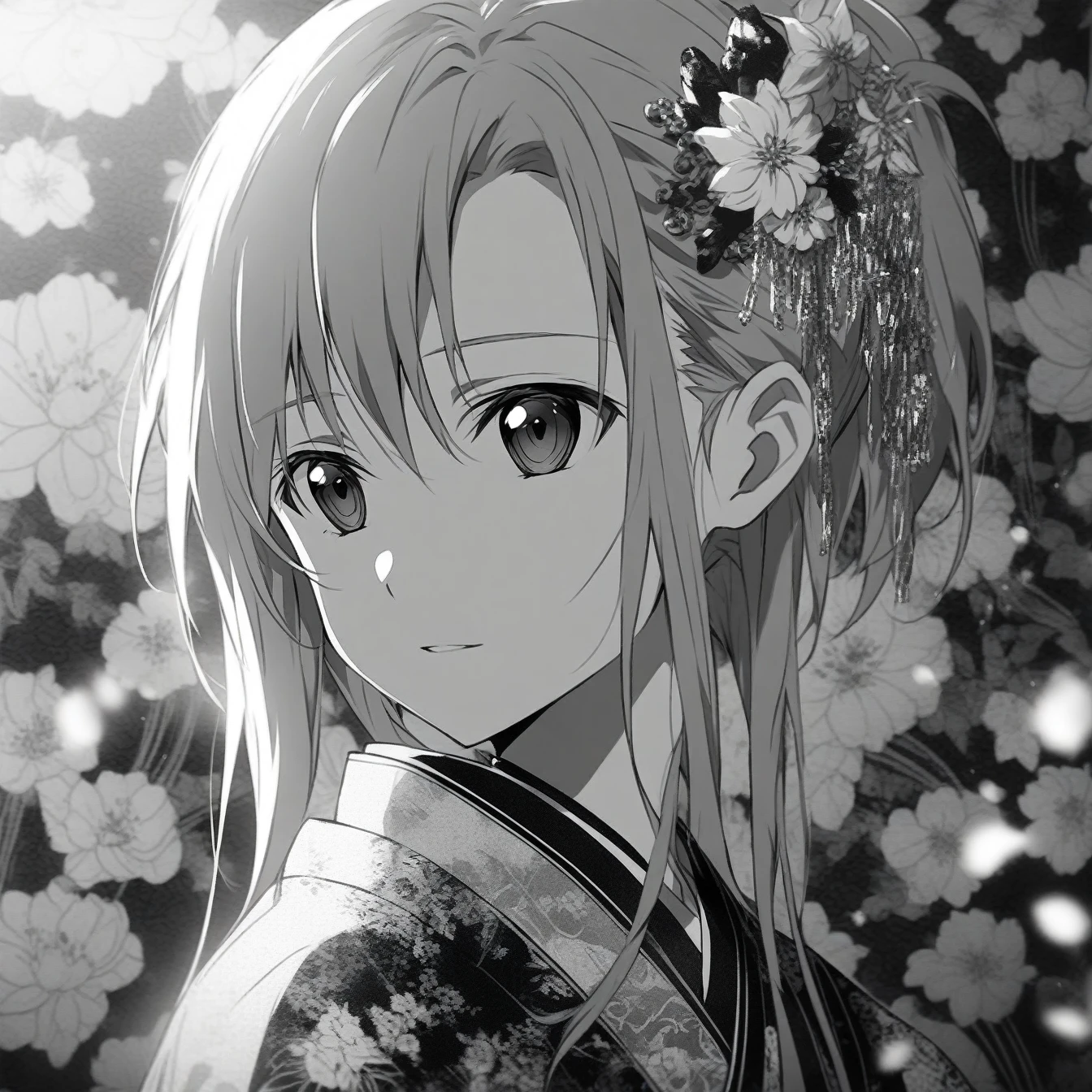 Beautiful anime portrait,Black and gray monochrome，Oriental Wallpaper，Pink，Feeling，very anime style，1girl, Asuna, Sword Art Online，Flowers，Close-up，Soft Light，Rich in details，The expression is firm，Kimono decoration，Background blur，Vivid colors，情Feeling深沉，front，Black eyes