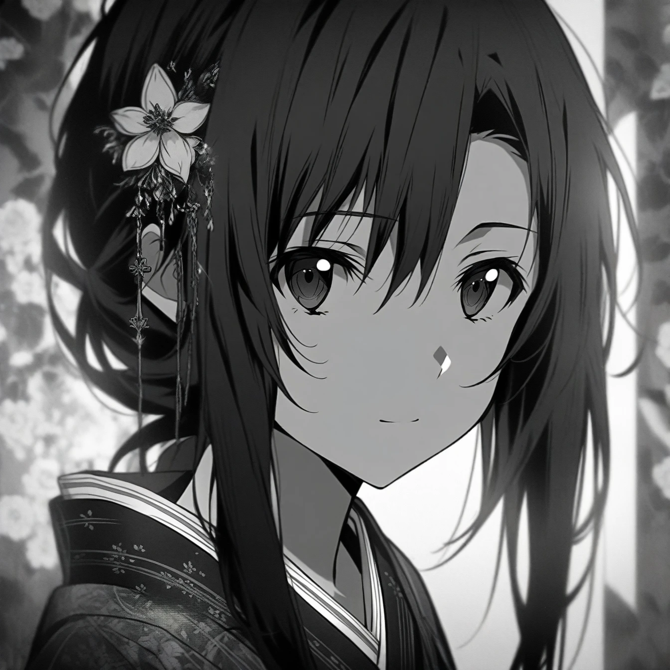 Beautiful anime portrait,Black and gray monochrome，Oriental Wallpaper，Pink，Feeling，very anime style，1girl, Asuna, Sword Art Online，Flowers，Close-up，Soft Light，Rich in details，The expression is firm，Kimono decoration，Background blur，Vivid colors，情Feeling深沉，front，Black eyes