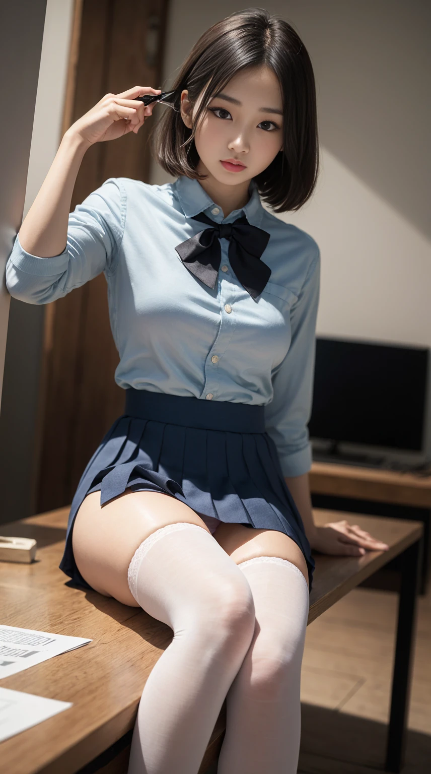 highest resolution、High level image quality、8K、true due diligence、원시 picturegraphy、top quality、masterpiece、table top、erotic、student、I like pink,white skin,knee,(flesh colored pantyhose),detail panties pattern、panties focus、pink panties、absurd,small face、 giant、중간에서 앞head 분리、The forehead is visible,(cold expression<꽉 It looks like,It looks like부심,Optimize,Thin anger)、masterpiece,top quality、Super high resolution A,원시 picture,wren,beautiful excrement,One, solo,dark expression,,whole body、Very good、JK ,High school girls,Japanese Female,stand,(photorealistic:1.37)、photon mapping,light blue ribbon,realistic、귀여운 small face,갈색 It looks like、Black socks、22 years old、(red bow tie)、radio city、physics based wrendering(물리 기반 wren더링)、Panorama、depth of fieldlurry background、picture,feminine,beautiful bridge, long legs, thin legs,long bob cut,(앞head가 보인다), head, Lips, blue_It looks like, cosoft,(pink shirt), (navy pleated skirt), knee이 다,thin clothes,, femur, black cotton socks,Nogizaka Idol, , Japan's island、반짝이는 It looks like、반짝이는 Lips、