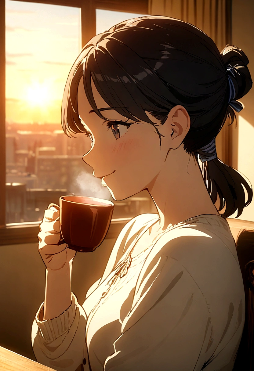 masterpiece, best quality, movie still, 1girl, black hair, hair tied by a ribbon, drinking tea, room background, close-up, bright, happy, warm soft lighting, sunset, (sparks:0.7) joe biden
