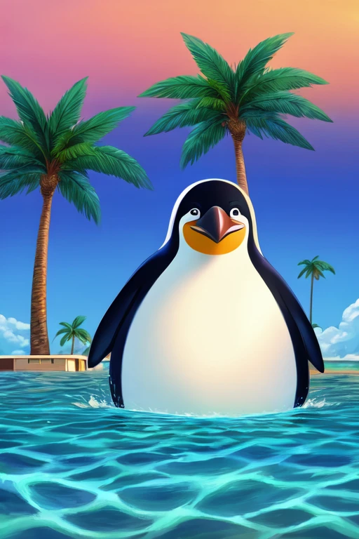 A penguin on an island with palm trees around it , and air conditioners floating in the water 
