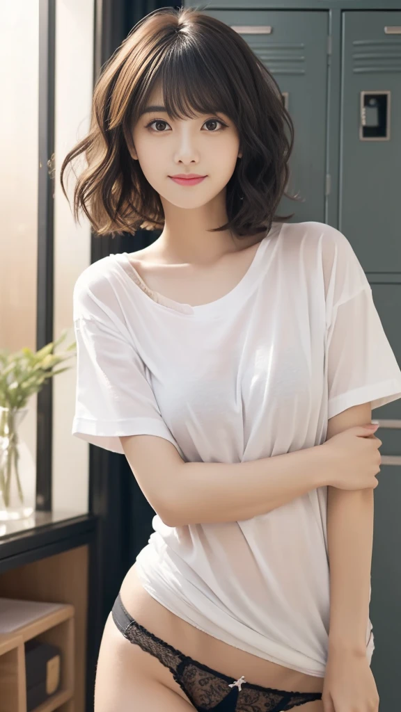 Bright lighting,Standing by the window,locker,Iridescent Reflection,lockerルーム,(Highest quality, Very detailed, masterpiece:1.2), 1 female, Very thin body, length, Thin legs, ((Black wavy short hair:1.2)), ((Thick and fluffy bangs)), Very detailedな顔,A faint smile, small, Thin Nose, small thin mouth, Extremely sharply focused eyes, Japanese, Beautiful Face, Realistic eyes, Beautiful and beautiful eyes, Realistic Skin, Beautiful Skin, charm, (Lively Faces), Beautiful Hairstyles,In underwear,(Oversized plain T-shirt,Panties Panty Pull),Yoga poses