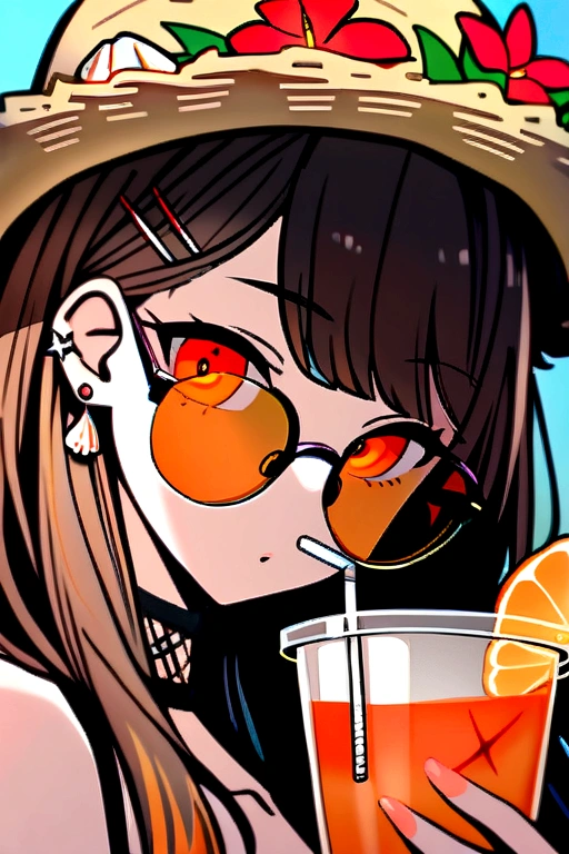 absurdres, highres, ultra detailed, 1girl, solo, extremely detailed eyes, starfish, seashell, shell, flower, hat, hair ornament, jewelry, straw hat, looking at viewer, sunglasses, hat flower, drinking straw, hairclip, earrings, red flower, tinted eyewear, yellow flower, bangs, english text, multicolored hair, orange flower, black hair, ring, cup, long hair, orange-tinted eyewear, food, brown hair, portrait, shell hair ornament