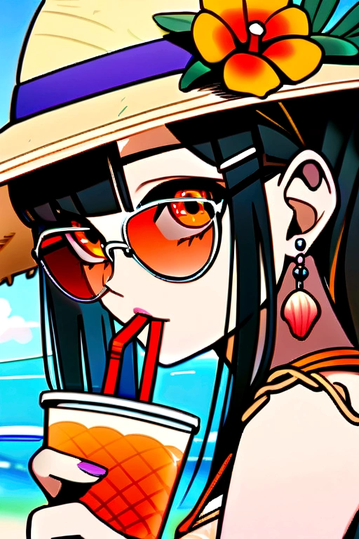 absurdres, highres, ultra detailed, 1girl, solo, extremely detailed eyes, starfish, seashell, shell, flower, hat, hair ornament, jewelry, straw hat, looking at viewer, sunglasses, hat flower, drinking straw, hairclip, earrings, red flower, tinted eyewear, yellow flower, bangs, english text, multicolored hair, orange flower, black hair, ring, cup, long hair, orange-tinted eyewear, food, brown hair, portrait, shell hair ornament