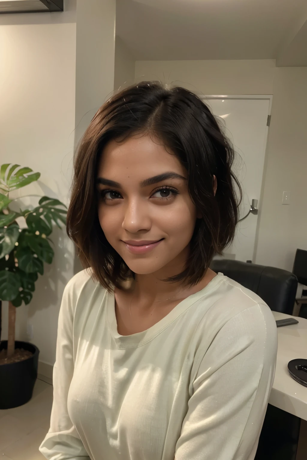 realistic photo, photo of a beautiful girl with short Long Bob style hair, looking at the viewer, Indian descent, green eyes, dark skin, influencer, without makeup, instagramart, smiling,Beautiful expression, eyes and faces with details, (Body like a bodybuilder:1.2), (muscled body:1.2), (Sportswear:1.3), (Woman exercising in the gym), (whole body:1.2), a smirk, beautiful lighting, super detaill, high detaild, high qualiy, high resolution, Muscle Building, (((Round ass:1.3))), ((big-ass)), (((really short hair))), ((Tall and beautiful woman)), usando leggings, ((good sports)), (((slouch:1.3))),
INFO