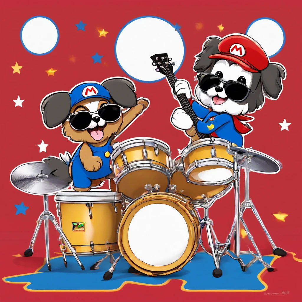 Two Adorable small happy black Shih Tzu puppies and Austrailian Shepard playing guitar playing drums on a concert stage wearing sun glasses Pixar style cartoon 3D red white and blue background