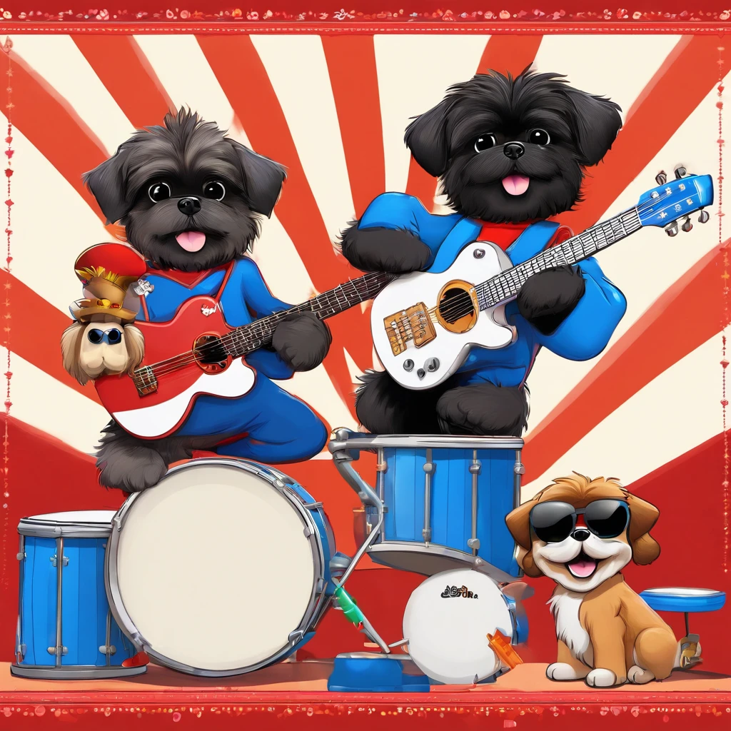 Two Adorable small happy black Shih Tzu puppies and Austrailian Shepard playing guitar playing drums on a concert stage wearing sun glasses Pixar style cartoon 3D red white and blue background
