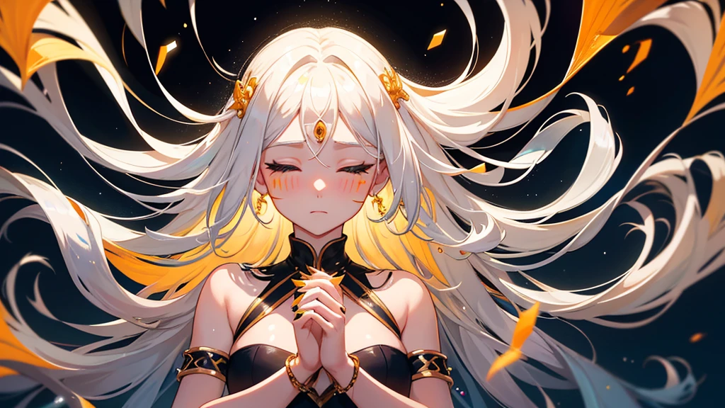 best quality,masterpiece,ResplendentLight,1girl,solo,long hair,closed eyes,black background,bracelet,upper body,jewelry,hands up,white hair,yellow nails,eyelashes,holding,floating hair,bangs,blush,orange nails,facial mark,water,forehead mark,light particles,glowing,bare shoulders,
