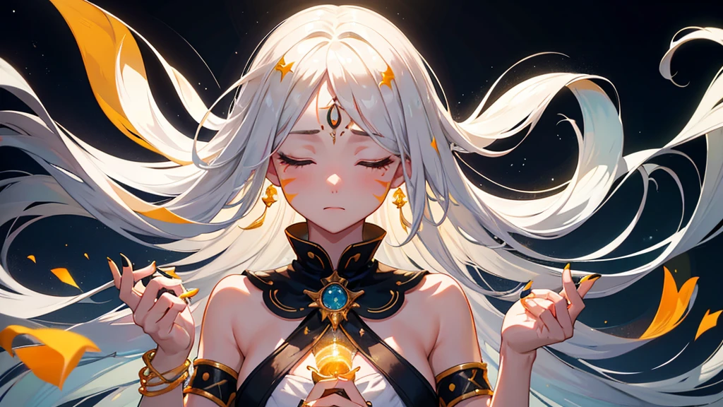 best quality,masterpiece,ResplendentLight,1girl,solo,long hair,closed eyes,black background,bracelet,upper body,jewelry,hands up,white hair,yellow nails,eyelashes,holding,floating hair,bangs,blush,orange nails,facial mark,water,forehead mark,light particles,glowing,bare shoulders,