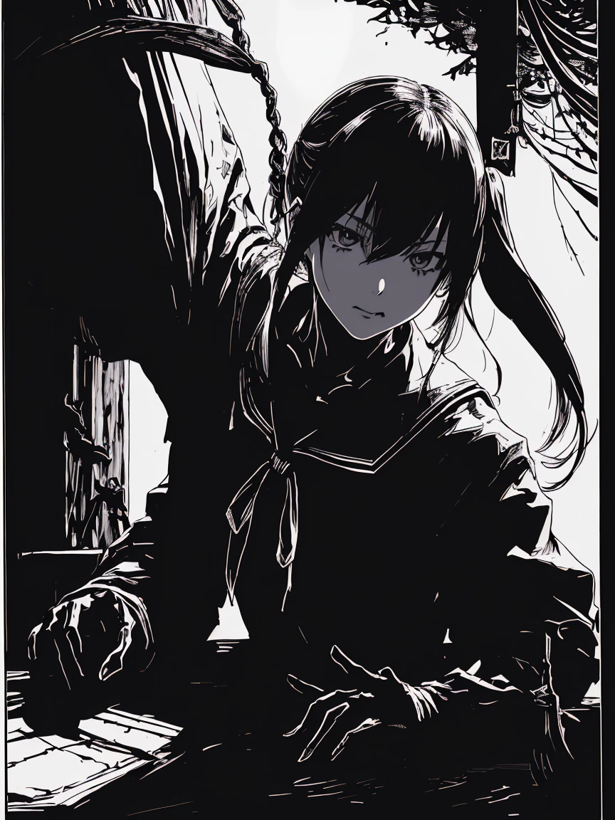 ノートを手に持つ、v5lcn style,Ink Art,(highest quality,Tabletop:1.2),(Black and white comic core:1.1),(extremely high contrast),Dark ink,One Girl,Shadow on face、8K,solve,high school girl,Sailor Suit,