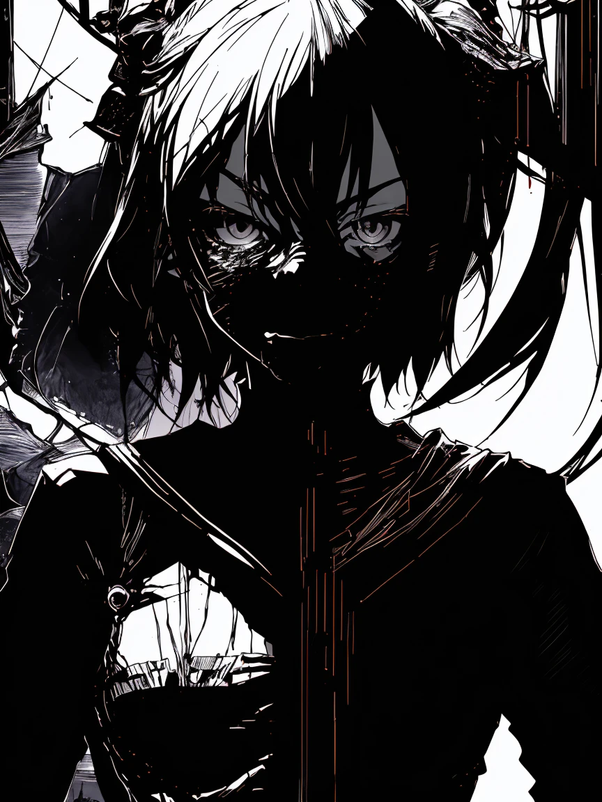 ノートを手に持つ、v5lcn style,Ink Art,(highest quality,Tabletop:1.2),(Black and white comic core:1.1),(extremely high contrast),Dark ink,One Girl,Shadow on face、8K,solve,high school girl,Sailor Suit,
