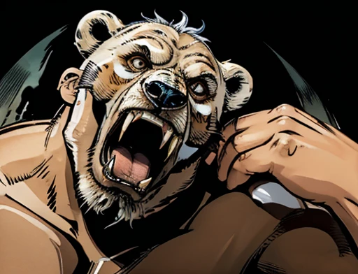 A frontal image of the moment of a polar bear attack on Expectador . The polar bear attacks the spectator with his binges, the bear is furious with its mouth open showing its fangs .