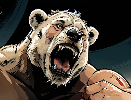 A frontal image of the moment of a polar bear attack on Expectador . The polar bear attacks the spectator with his binges, the bear is furious with its mouth open showing its fangs .