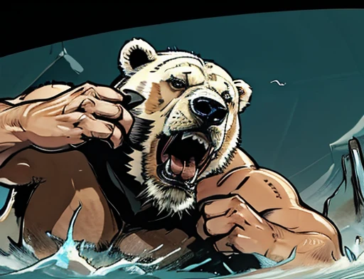 A frontal image of the moment of a polar bear attack on Expectador . The polar bear attacks the spectator with his binges, the bear is furious with its mouth open showing its fangs .
