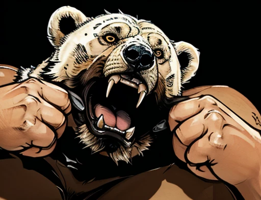 A frontal image of the moment of a polar bear attack on Expectador . The polar bear attacks the spectator with his binges, the bear is furious with its mouth open showing its fangs .