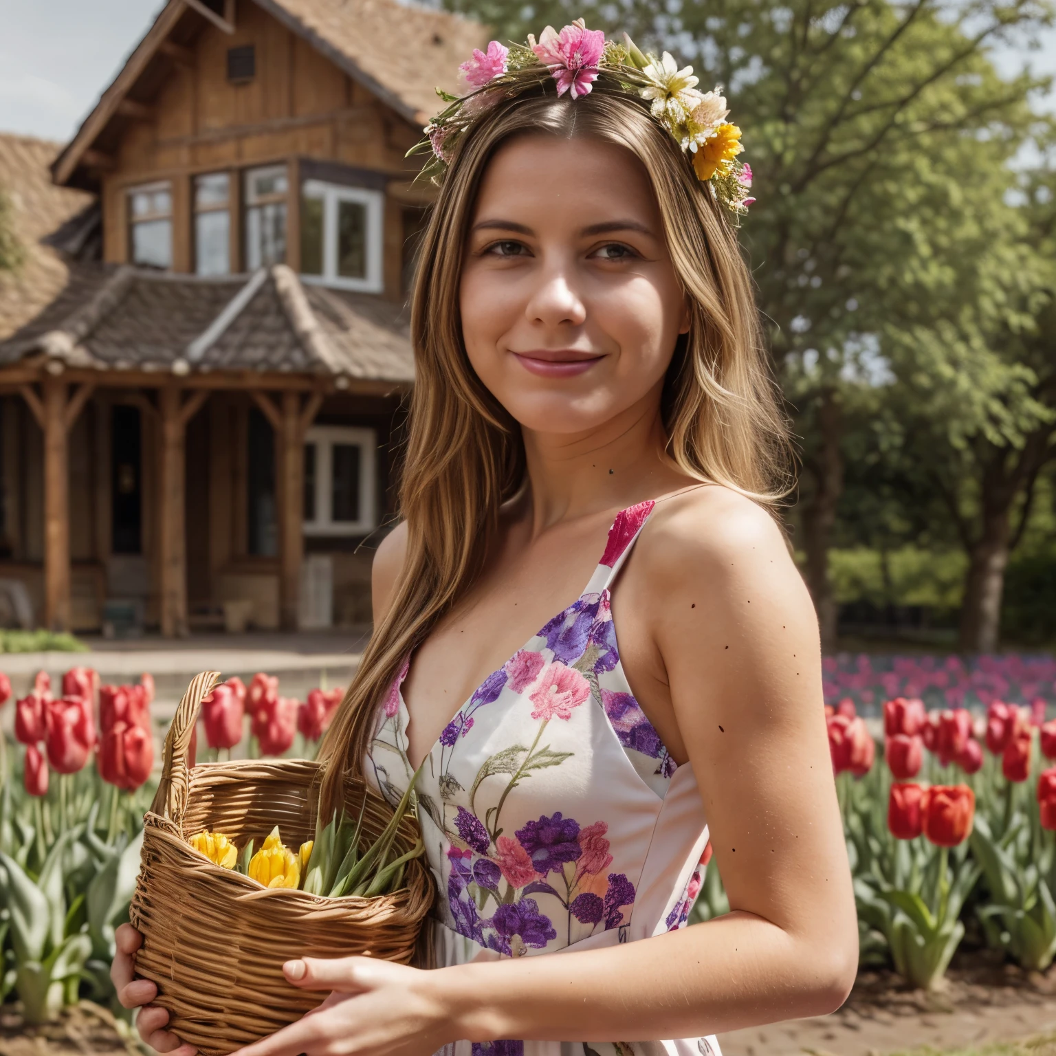 March - Spring Awakening
On the March calendar page, LaGermania stands amidst a vibrant tulip field in the Netherlands. She wears a flowing dress in shades of tulip red and meadow green, its organic cotton fabric and floral prints reflecting the seasonal bloom. LaGermania's blonde hair is adorned with a floral wreath, adding a touch of natural elegance to her appearance. Her expression is happy and curious, with a gentle smile that radiates the joy of spring awakening. The background showcases rows of colorful tulips stretching to the horizon, with windmills and blue skies overhead. The dress's lightweight texture and the embroidered details evoke the freshness of spring against the backdrop of Dutch countryside. LaGermania's posture is relaxed yet vibrant, one hand lightly touching a tulip while the other holds a wicker basket filled with freshly picked flowers, their vibrant hues contrasting with the greenery. The scene captures the beauty of springtime renewal in the heart of the Netherlands.