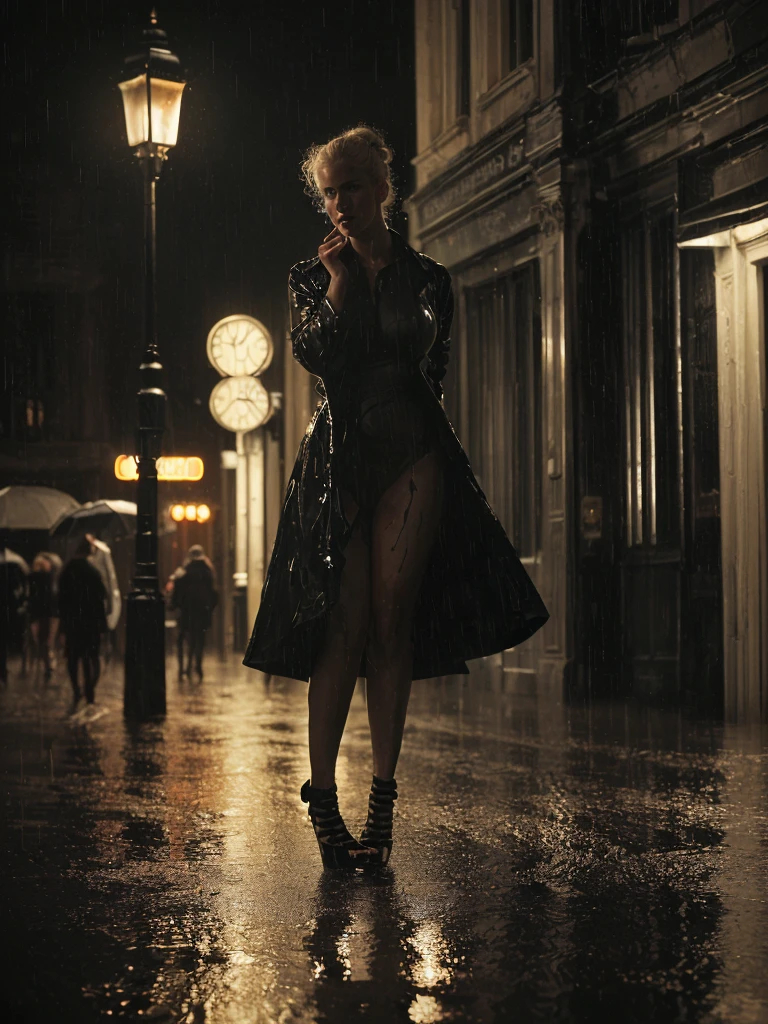 solo, photorealistic, wide shot, best quality, hyper detailed, 25 years old Circasssian woman, mature-looking face, boobies, high detailed deep wrinkles, beauty mark, intricate, (((messy bun blonde))), Circassian facial features, (((midnight ambiance,Big Ben chimes,solitary figure under streetlamp,torrential rain,high heels standing out,sorrowful yet elegant pose,elusive identity,struggling to find self,flickering streetlights,air of menace,chaos,silhouette reflecting internal turmoil,profound heartache,elegant persistence,repeated sighs,self-reflection,societal roles,personal daily masks,price of love,lost souls,desire for belonging,night wanderer,seeking comfort,Whiskey warmth,Bossa Nova rhythm,nighttime ballroom,escapism,music and alcohol solace,full body shot,(dark moody lighting:1.1),(wet reflective surfaces:1.1),(detailed close-up of raindrops on surfaces:1.1),(flash of neon signs:1.2),(Cityscape as backdrop:1.1),(shadowy figures in the background:0.9),Solo performance in an urban setting,An array of expressions conveying desolation,Detailed texture of a rain-soaked garment,Emphasis on the contrast between light and darkness,Implied narrative of searching for home or wandering aimlessly,The physical stance of resilience in adversity,The abstraction of losing oneself or direction,Visual metaphor for societal expectations,Intertwining of personal and public personas,Reflection on the sacrifices made for love,Portrayal of loneliness among the crowd,Rain-splattered window showing the outside world,Whiskey glass with intricate details reflecting light,Intimate focus on character amidst expansive isolation,Elements indicating a yearning for genuine connection,Representation of the struggle between identity and anonymity,Brushstrokes suggesting movement through space and time,Composition that balances between visibility and obscurity,Capturing the moment just before or after decisive action,The depth of solitude amidst an otherwise lively ambiance,