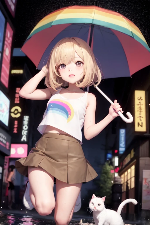 21 year old anime girl with blonde hair and red eyes wearing a short brown skirt with a white tank top in an urban landscape with a cat on her shoulder and a night landscape with neon lights on the buildings and playing with a butterfly and holding an umbrella and rainbow in the background and jumping in a puddle of water