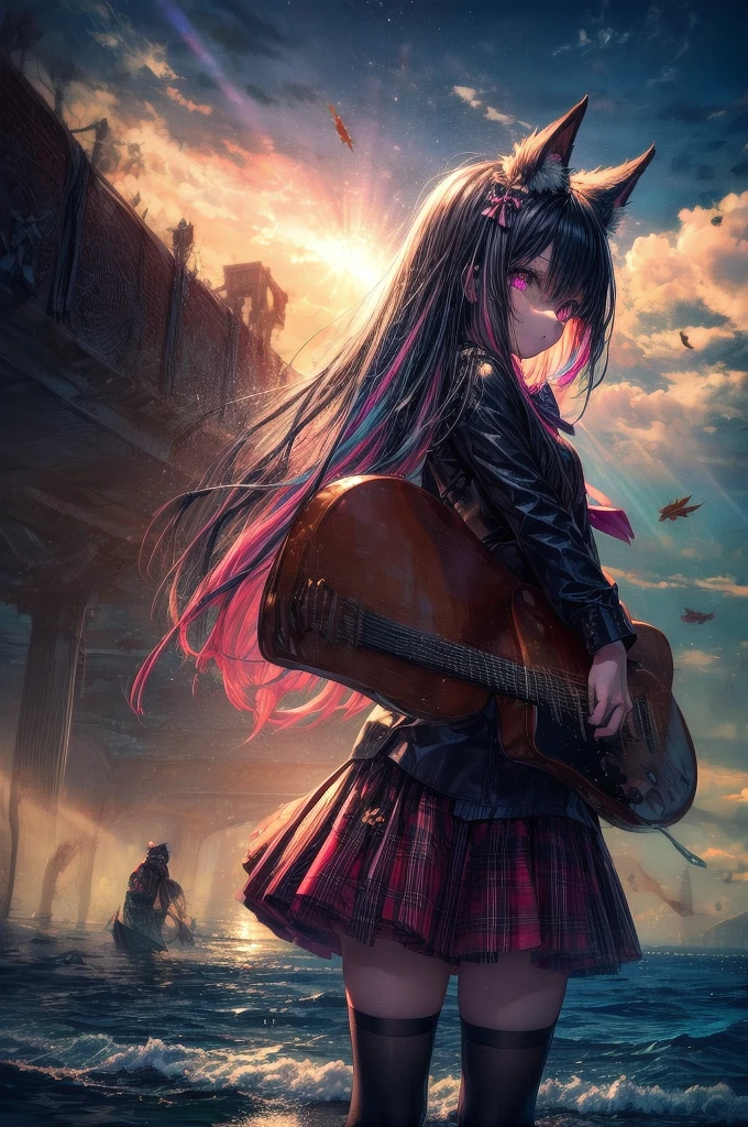 (One girl, size), (guitar alone), bubble skirt, aqua shirt, bow, bowtie, button, collared shirt, Expressionless, Eyebrows hidden by hair, fox mask, Cowboy Shot, Long Hair, Long sleeve, mask, multicolored button, Pink Eyes, Pink Hair, orange skirt, Plaid, Plaid shirt, purple bow, purple bowtie, shirt, skirt, alone, very Long Hair, Ocean, Ocean, Beach, cloudy, sunlight, evening, moon, cloud, null, Outdoor, cloudy null, leaf, Remains, Sunbeam, Post-apocalyptic, Side view