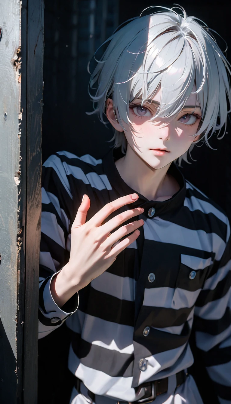 (8K, RAW photos, best quality, masterpiece: 1.4), (((Boy looking at his palm)))，Ultra-high resolution, Extremely detailed, light, Upper body close-up, handsome boy, black eyes, (delicate eyes, Eyes are bright:1.2), Gray short hair, Fair skin,dark, Black and white striped prison uniform,Black and white striped prison pants,(perfect anatomy:1.2), High-quality shadows, Natural Lighting, (White highlights:1.2), night, cloudy day, (Dark room:1.2), (The prison is surrounded by steel walls.:1.2)