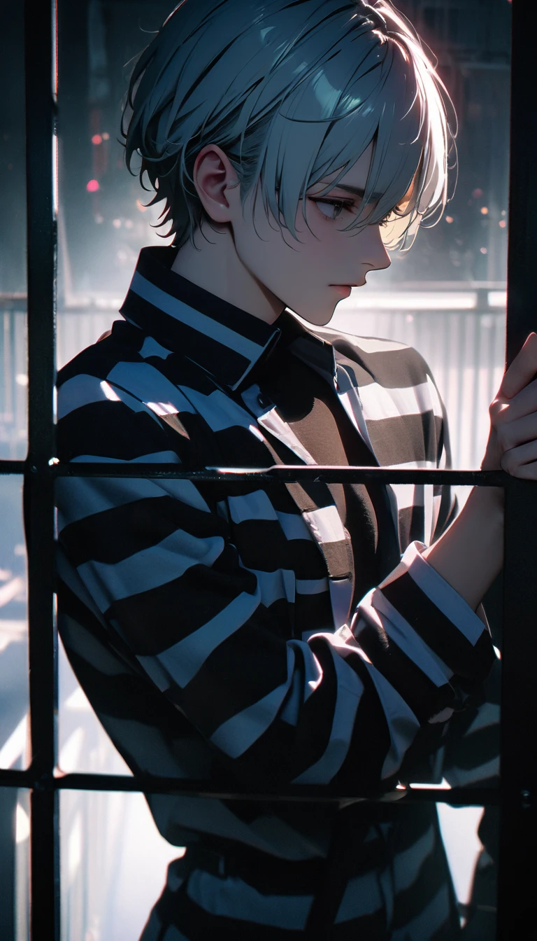 (8K, RAW photos, best quality, masterpiece: 1.4), (((Boy looking at his palm)))，Ultra-high resolution, Extremely detailed, light, Upper body close-up, handsome boy, black eyes, (delicate eyes, Eyes are bright:1.2), Gray short hair, Fair skin,dark, Black and white striped prison uniform,Black and white striped prison pants,(perfect anatomy:1.2), High-quality shadows, Natural Lighting, (White highlights:1.2), night, cloudy day, (Dark room:1.2), (The prison is surrounded by steel walls.:1.2)