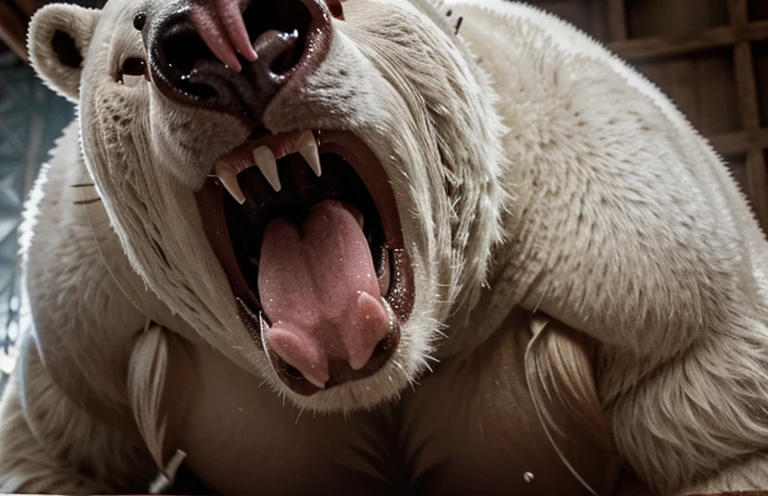A frontal image of the moment of a polar bear attack on Expectador . The polar bear attacks the spectator with his binges, the bear is furious with its mouth open showing its fangs .