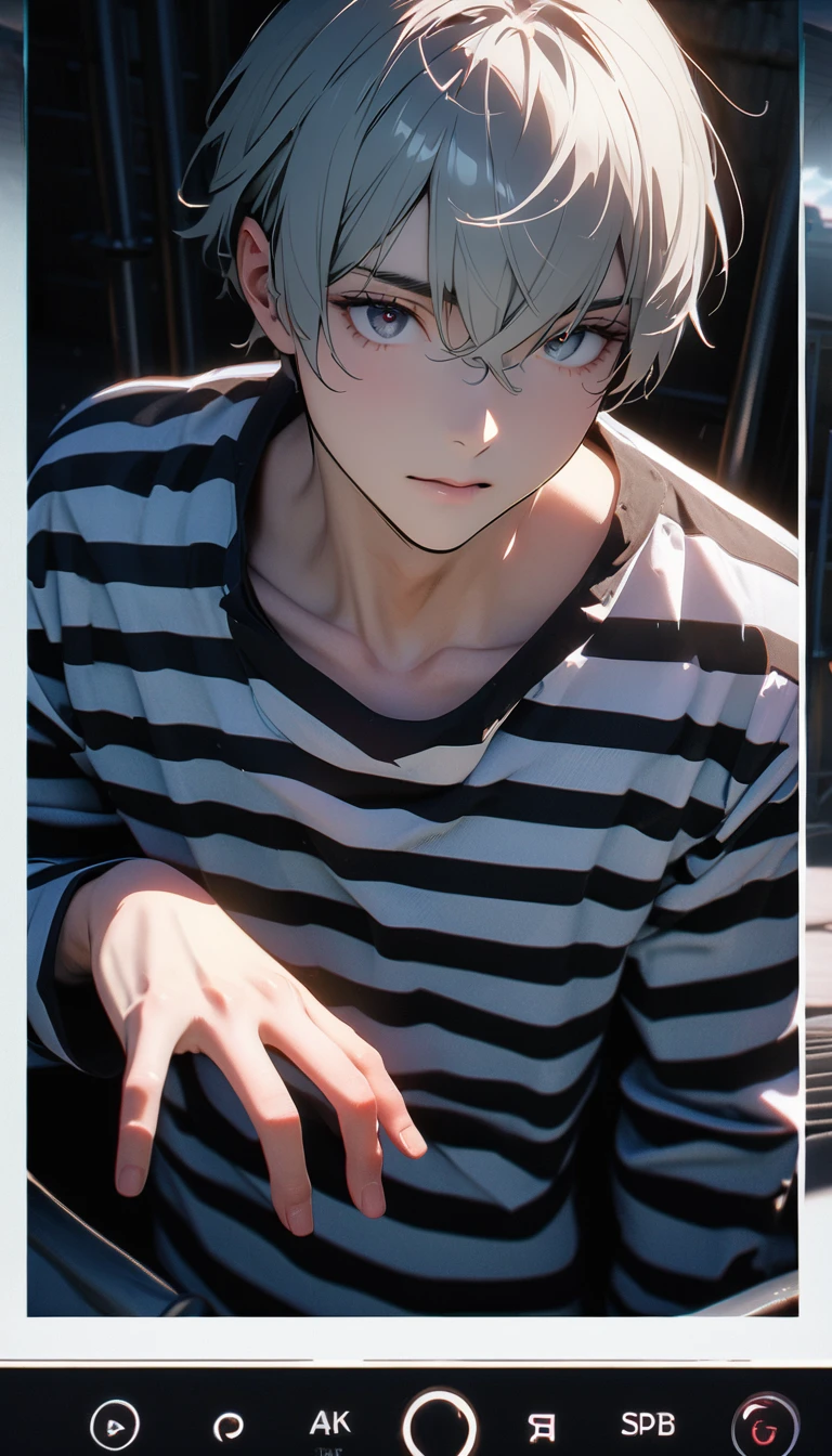 (8K, RAW photos, best quality, masterpiece: 1.4), (((Boy looking at his palm))),Ultra-high resolution, Extremely detailed, light, Upper body close-up, handsome boy, black eyes, (delicate eyes, Eyes are bright:1.2), Gray short hair, Fair skin,dark, Black and white striped prison uniform,Black and white striped prison pants,(perfect anatomy:1.2), High-quality shadows, Natural Lighting, (White highlights:1.2), night, cloudy day, (Dark room:1.2), (The prison is surrounded by steel walls.:1.2)