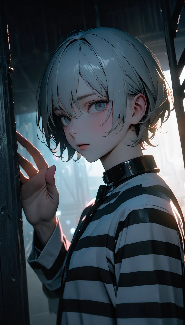 (8K, RAW photos, best quality, masterpiece: 1.4), (((Boy looking at his palm)))，Ultra-high resolution, Extremely detailed, light, Upper body close-up, handsome boy, black eyes, (delicate eyes, Eyes are bright:1.2), Gray short hair, Fair skin,dark, Black and white striped prison uniform,Black and white striped prison pants,(perfect anatomy:1.2), High-quality shadows, Natural Lighting, (White highlights:1.2), night, cloudy day, (Dark room:1.2), (The prison is surrounded by steel walls.:1.2)