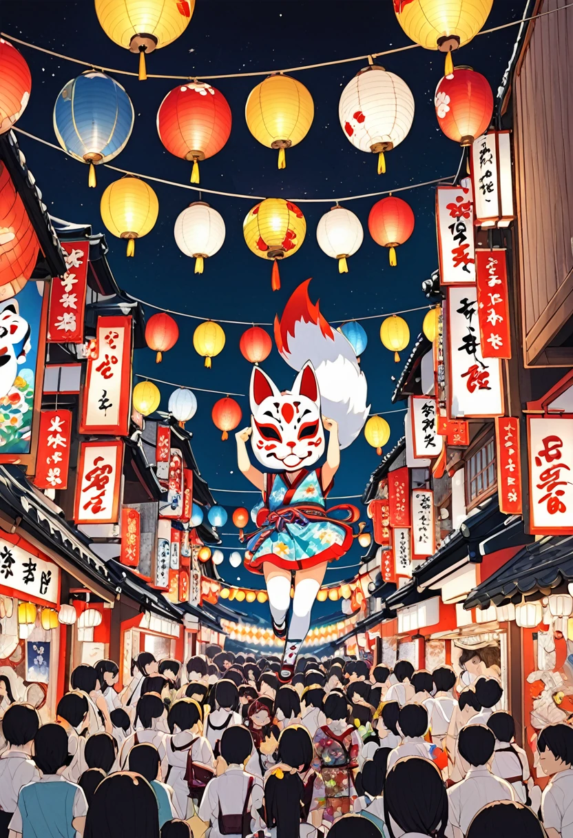 Japan Kawagoe Summer festival Bon dance scaffold Cool down Japan風 Lantern Fox Mask The girl is small and in the center of the image.