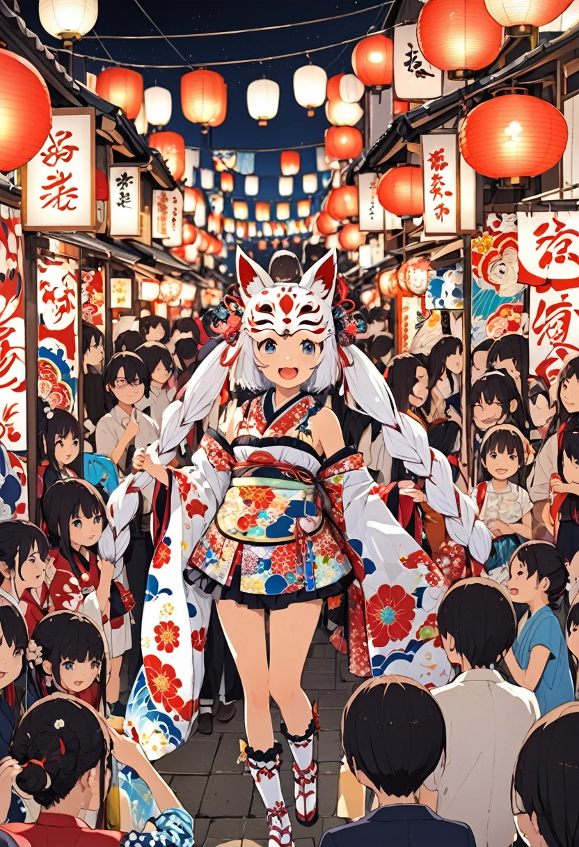 Japan　Kawagoe　Summer festival　Bon dance　scaffold　Cool down　Japan風　Lantern　Fox Mask　The girl is small and in the center of the image.