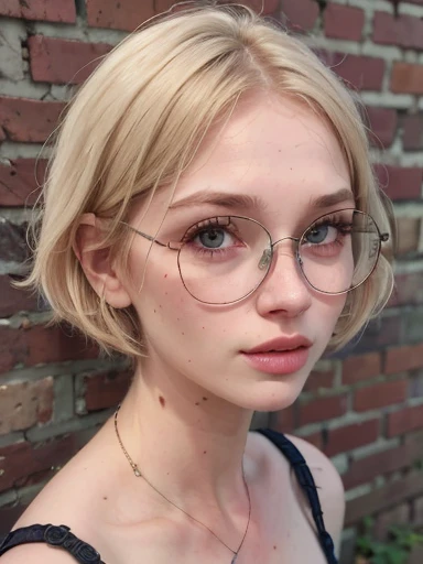 dynamic close-up of the upper part of 1 Russian Woman with freckles, extremely albino, extremely thin and beautiful, perfect body, well-shaped face, skin with highly detailed depth, she is Leaning against a brick wall, (haircut, wavy hair and blondes), (detailed, large, bright eyes, light brown eyes, curled eyelashes, large glasses), (sensuously pouting with mouth), wearing a short sweater showing off the shoulders, ultra realistic, vibrant and pointed image, dynamic vision, high quality 32k, hyper-realistic, cinematic.