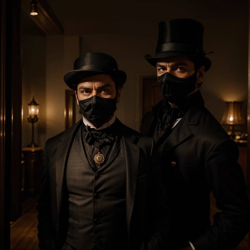 Generate an image of a Victorian-era detective, Detective Alexander Hartley, with furrowed brows, standing in a dimly lit room, examining a mysterious letter adorned with an emblem reminiscent of a masked figure. Capture the intensity in his eyes as he contemplates the challenge posed by the emblem.